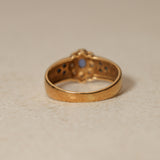 Vintage 18K Yellow Gold Sapphire and Diamond Flower Halo Ridged Ring, Size US 4