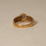 Vintage 18K Yellow Gold Sapphire and Diamond Flower Halo Ridged Ring, Size US 4