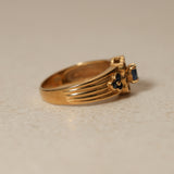 Vintage 18K Yellow Gold Sapphire and Diamond Flower Halo Ridged Ring, Size US 4