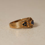 Vintage 18K Yellow Gold Sapphire and Diamond Flower Halo Ridged Ring, Size US 4