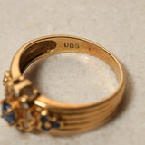 Vintage 18K Yellow Gold Sapphire and Diamond Flower Halo Ridged Ring, Size US 4
