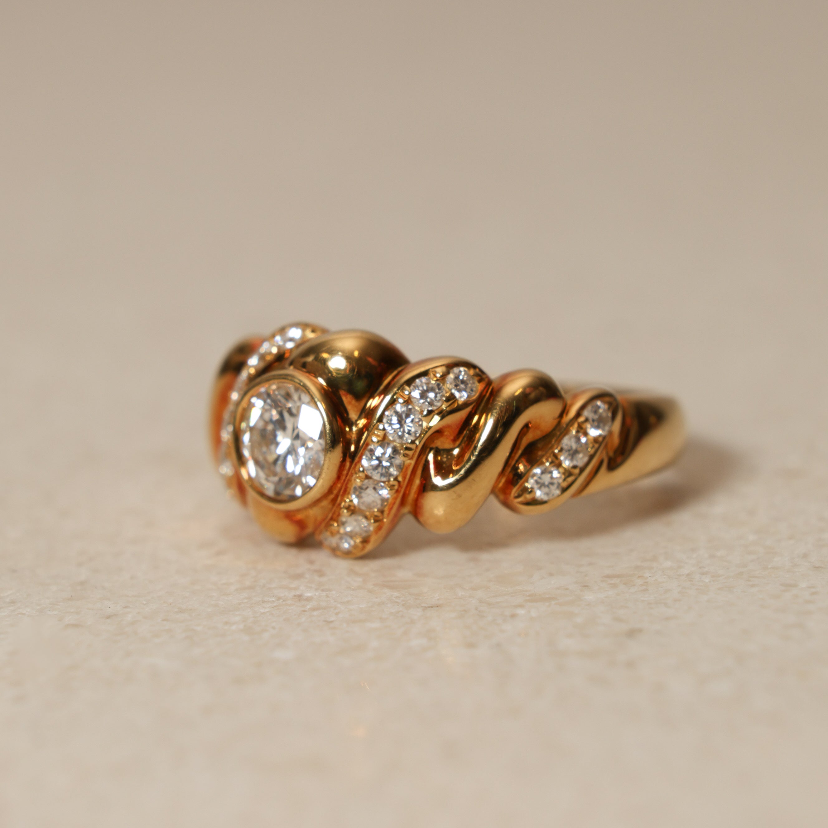 1990's 18K Yellow Gold Brilliant and Pavé Diamond Ridged Ring, Size US 6.5