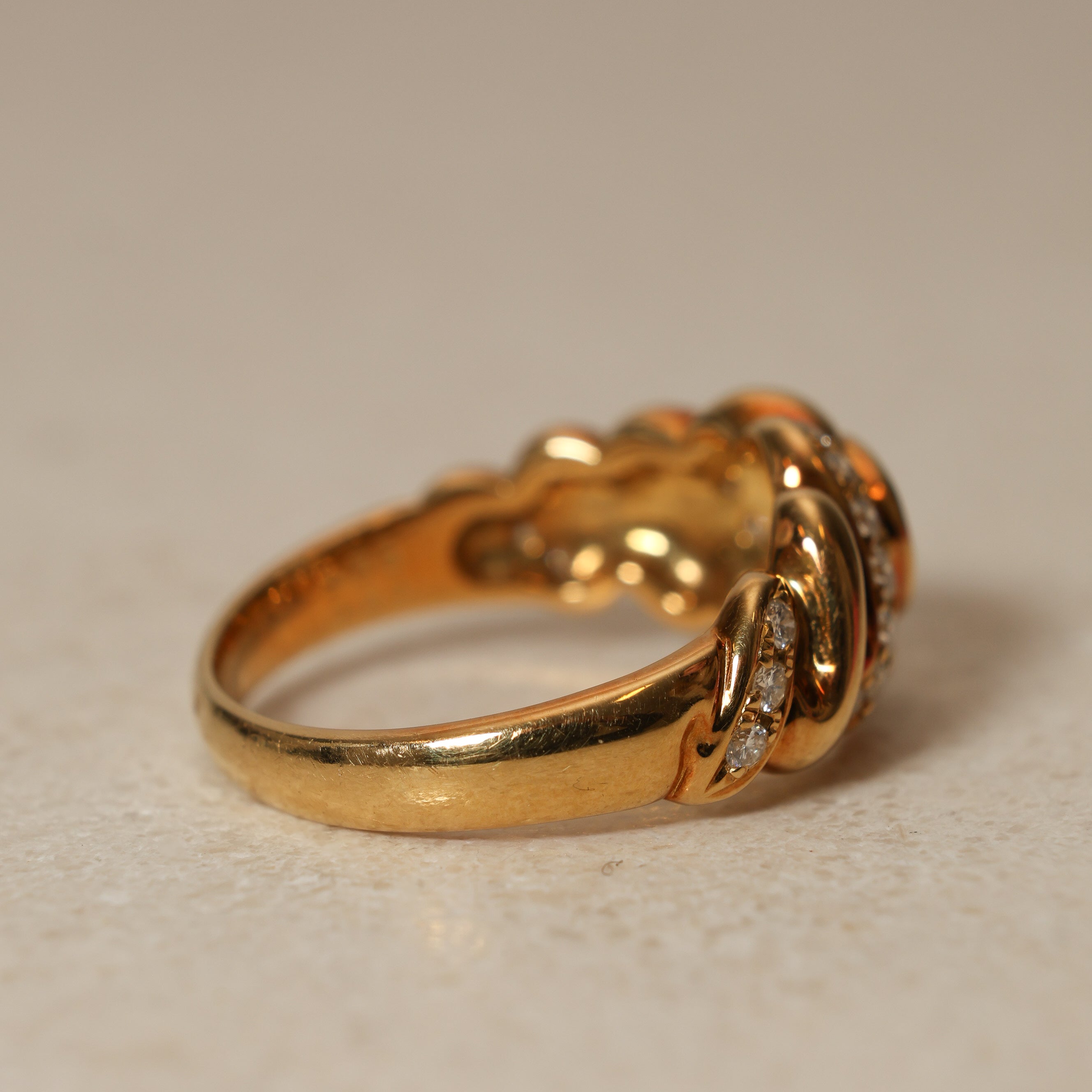 1990's 18K Yellow Gold Brilliant and Pavé Diamond Ridged Ring, Size US 6.5