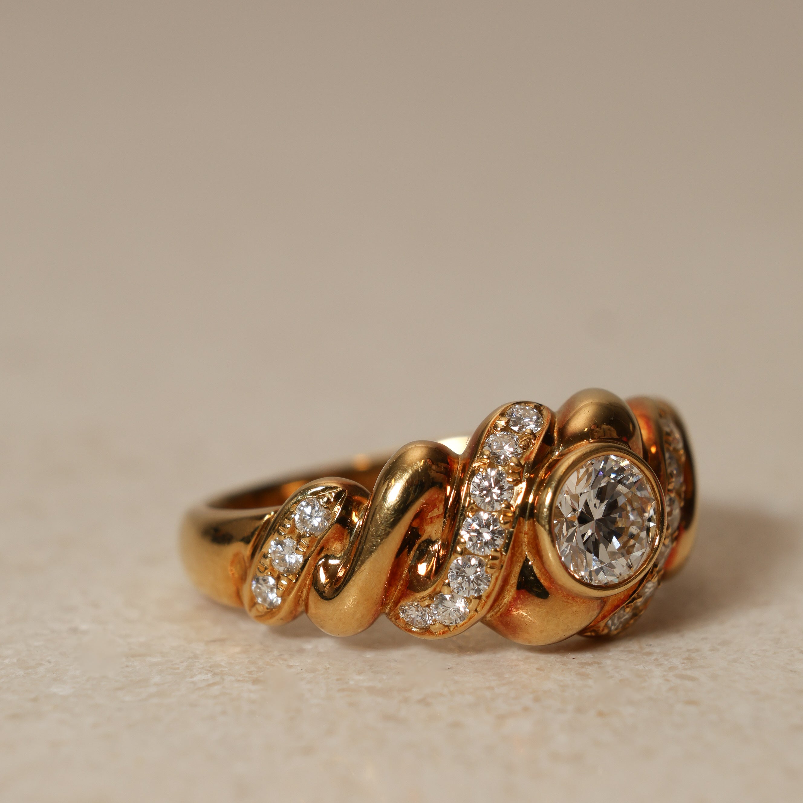 1990's 18K Yellow Gold Brilliant and Pavé Diamond Ridged Ring, Size US 6.5