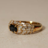 Vintage 1980's 18K Yellow Gold Sapphire and Baguette Diamond Cluster Ring, Size US 5.75