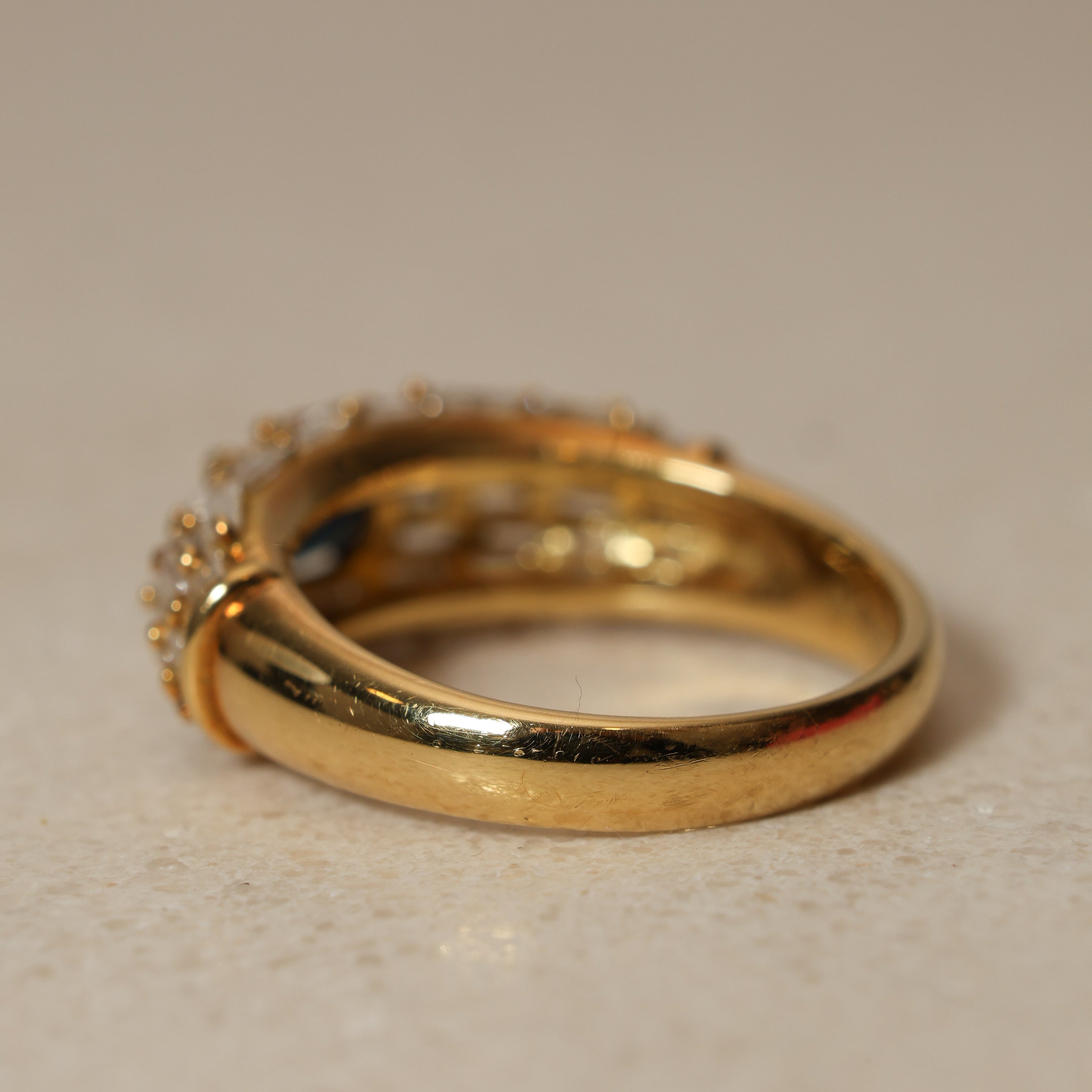 Vintage 1980's 18K Yellow Gold Sapphire and Baguette Diamond Cluster Ring, Size US 5.75