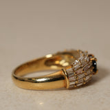 Vintage 1980's 18K Yellow Gold Sapphire and Baguette Diamond Cluster Ring, Size US 5.75