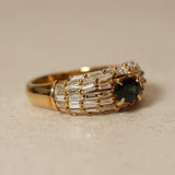 Vintage 1980's 18K Yellow Gold Sapphire and Baguette Diamond Cluster Ring, Size US 5.75