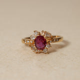 1980's 18K Yellow Gold Ruby and Diamond Askew Halo Ring, Size US 6.25