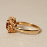 1980's 18K Yellow Gold Ruby and Diamond Askew Halo Ring, Size US 6.25