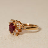 1980's 18K Yellow Gold Ruby and Diamond Askew Halo Ring, Size US 6.25