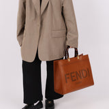 Fendi Sunshine Leather Medium Tan Tortoise Handle Tote Bag