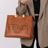 Fendi Sunshine Leather Medium Tan Tortoise Handle Tote Bag