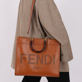 Fendi Sunshine Leather Medium Tan Tortoise Handle Tote Bag