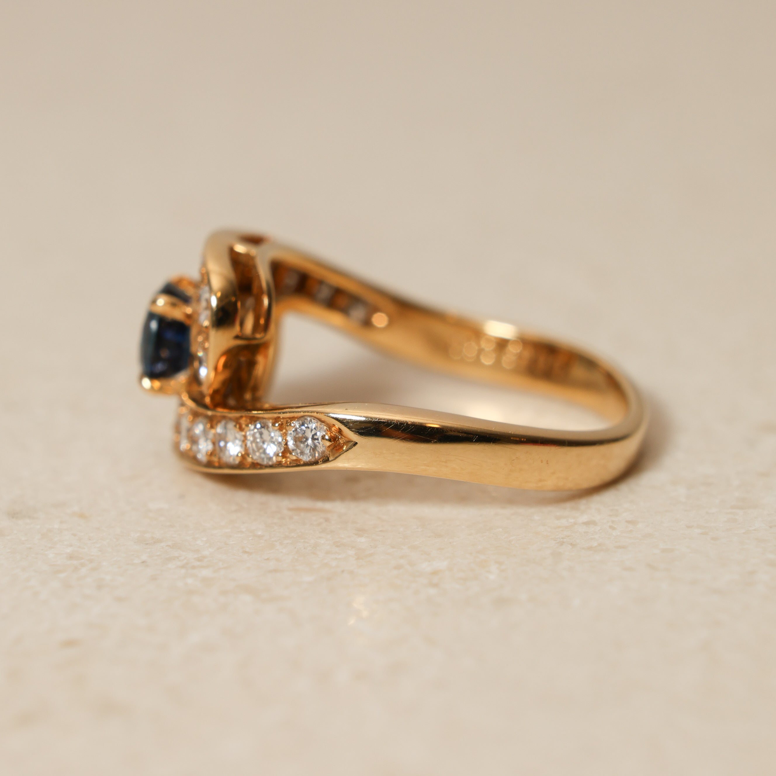 Mouawad 1990's 18K Yellow Gold and Sapphire Diamond Bypass Ring, Size US 6