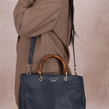 Gucci Leather Navy Medium Bamboo Shopper Tote