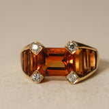 1980's 18K Yellow Gold Emerald-Cut Citrine and Diamond Art Deco Ring, Size US 6