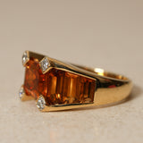 1980's 18K Yellow Gold Emerald-Cut Citrine and Diamond Art Deco Ring, Size US 6