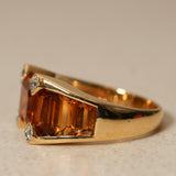 1980's 18K Yellow Gold Emerald-Cut Citrine and Diamond Art Deco Ring, Size US 6