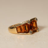 1980's 18K Yellow Gold Emerald-Cut Citrine and Diamond Art Deco Ring, Size US 6