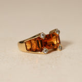 1980's 18K Yellow Gold Emerald-Cut Citrine and Diamond Art Deco Ring, Size US 6