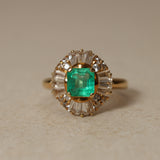 1990's 18K Yellow Gold Emerald & White Sapphire Wavy Solitaire Ring, Size US 6.25