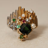 Sachi Fukuhara 1980's 18K Yellow Gold and Platinum Tourmaline Pearl Spinel and Garnet Tiered Cluster Ring