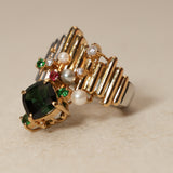 Sachi Fukuhara 1980's 18K Yellow Gold and Platinum Tourmaline Pearl Spinel and Garnet Tiered Cluster Ring