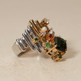 Sachi Fukuhara 1980's 18K Yellow Gold and Platinum Tourmaline Pearl Spinel and Garnet Tiered Cluster Ring