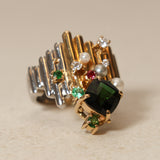 Sachi Fukuhara 1980's 18K Yellow Gold and Platinum Tourmaline Pearl Spinel and Garnet Tiered Cluster Ring