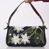 Fendi Denim Floral Appliqué Baguette Bag