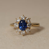 1990's 18K Yellow Gold and Sapphire Diamond Halo Ring, Size US 5.75
