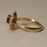 1990's 18K Yellow Gold and Sapphire Diamond Halo Ring, Size US 5.75