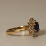 1990's 18K Yellow Gold and Sapphire Diamond Halo Ring, Size US 5.75