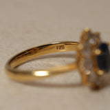 1990's 18K Yellow Gold and Sapphire Diamond Halo Ring, Size US 5.75