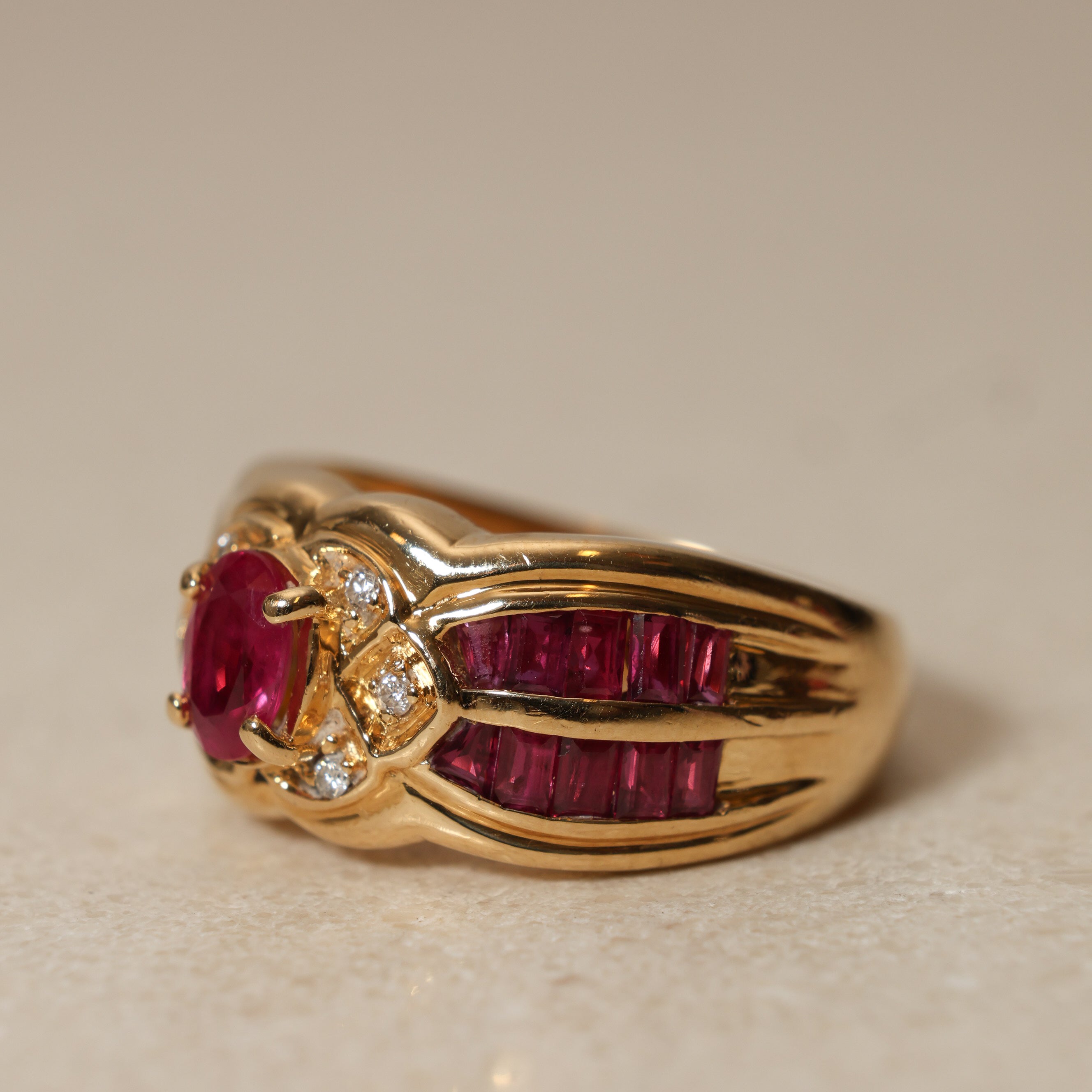 1980's 18K Yellow Gold and Ruby Diamond Halo Solitaire Ring, Size US 5.75