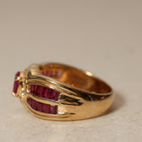 1980's 18K Yellow Gold and Ruby Diamond Halo Solitaire Ring, Size US 5.75