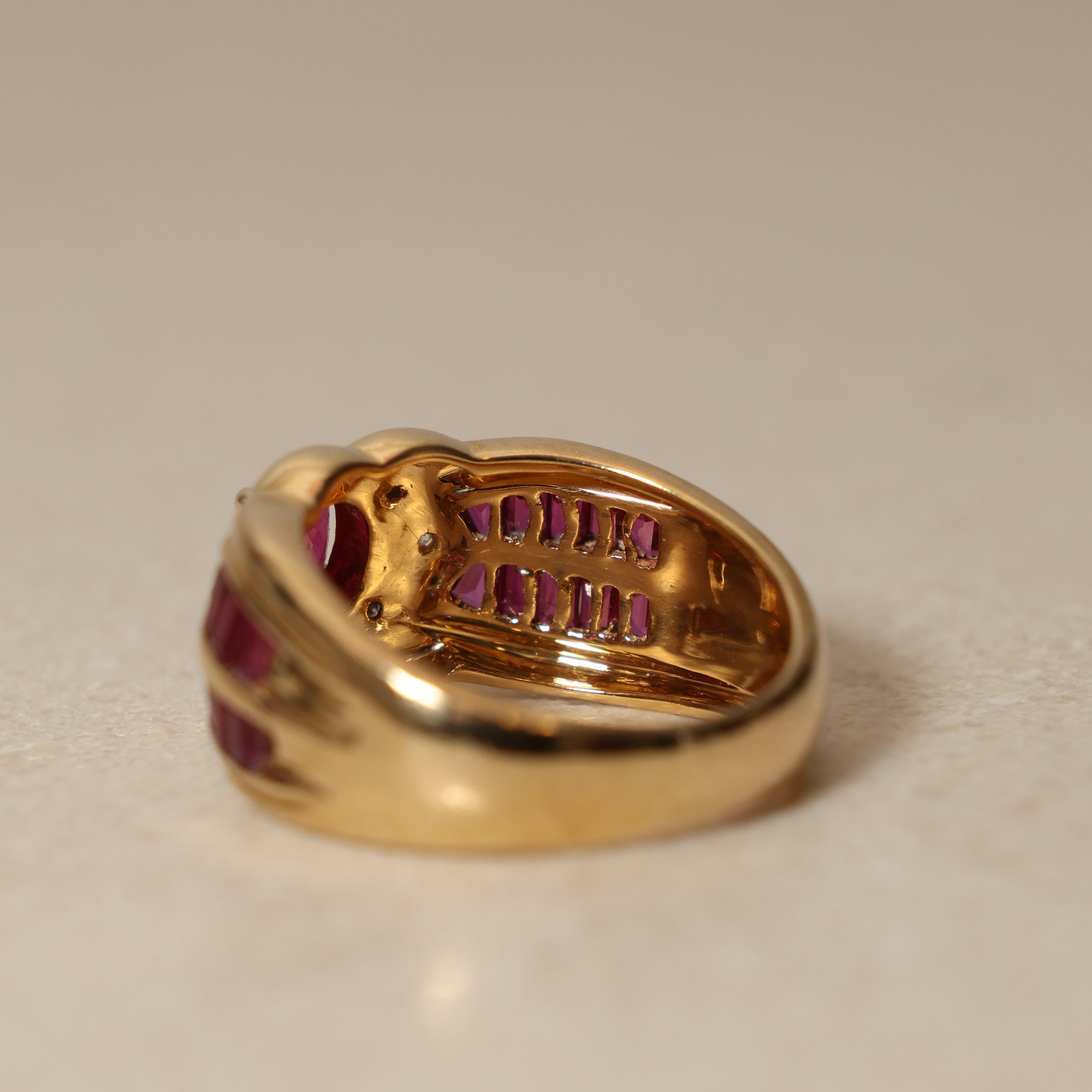 1980's 18K Yellow Gold and Ruby Diamond Halo Solitaire Ring, Size US 5.75