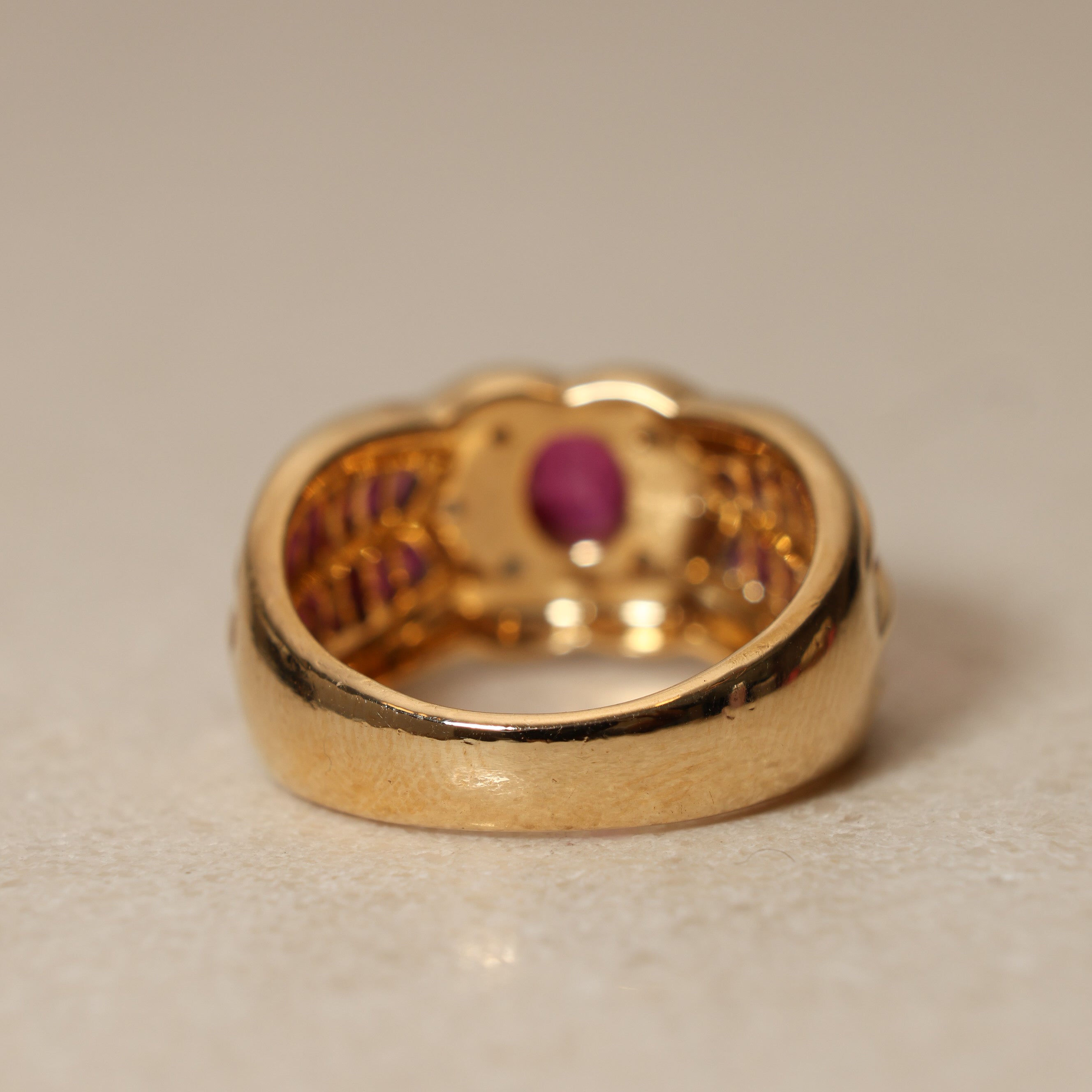 1980's 18K Yellow Gold and Ruby Diamond Halo Solitaire Ring, Size US 5.75