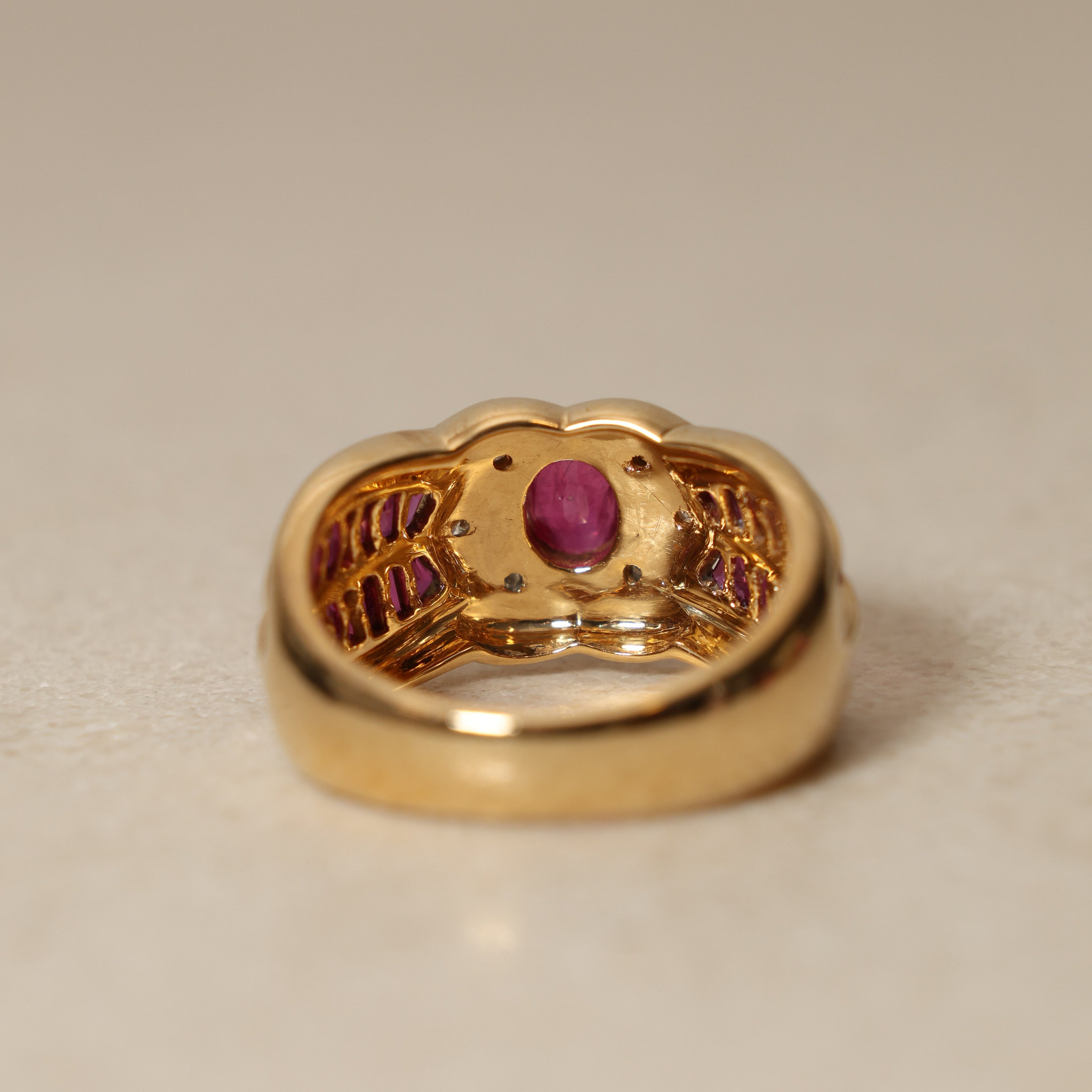 1980's 18K Yellow Gold and Ruby Diamond Halo Solitaire Ring, Size US 5.75