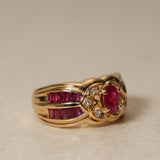 1980's 18K Yellow Gold and Ruby Diamond Halo Solitaire Ring, Size US 5.75