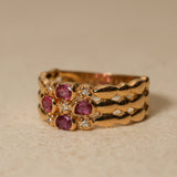 1980's 18K Yellow Gold Ruby and Diamond Milgrain Cluster Ring, Size US 5