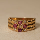 1980's 18K Yellow Gold Ruby and Diamond Milgrain Cluster Ring, Size US 5
