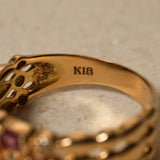1980's 18K Yellow Gold Ruby and Diamond Milgrain Cluster Ring, Size US 5