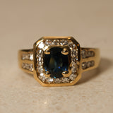 1980's 18K Yellow Gold Sapphire and Diamond Solitaire Halo Ring, Size US 6.75