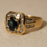 1980's 18K Yellow Gold Sapphire and Diamond Solitaire Halo Ring, Size US 6.75