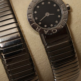 Vintage Bvlgari Stainless Steel Serpenti Tubogas Double Spiral Diamond Quartz Watch Black 19mm