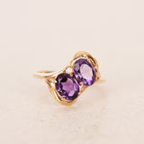 Vintage 1970s 18K Yellow Gold Duo Amethyst Sculpt Ring, Size US 7