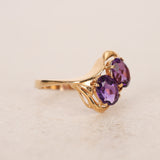 Vintage 1970s 18K Yellow Gold Duo Amethyst Sculpt Ring, Size US 7