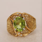 Vintage 1970s-1980s 18K Yellow Gold Peridot and Diamond Mesh Cocktail Ring, Size US 8.5